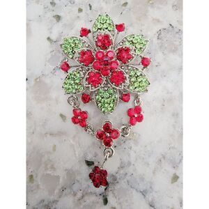 Vintage Pendant Slide For Necklace Red & Green Rhinestones Silvertone‎
